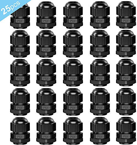 QitinDasen 25Pcs Premium Nylon PA66 PG11 Cable Gland, 5-10mm Adjustable IP68 Waterproof Cable Glands Joints, Black
