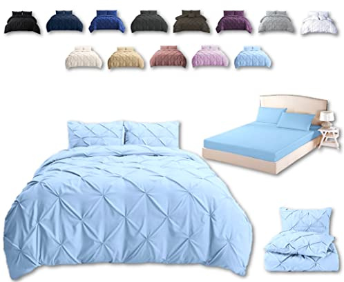 TheWhiteWater Duvet Set - 2/3 in 1 Bedding Set - Duvet Cover + Matching Pillowcases + Fitted Bed Sheets - NPolycotton Pintuck Cover (Duck Egg, 3 in 1 Bedding Set - King)