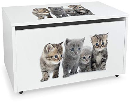leomark Blanco Caja de madera banco con almacenamiento para juguetes con Asiento, Baúl de juguetes sobre ruedas, Dim: 71 cm x 40 cm x 46 cm/WxDxH/ (Gatos)