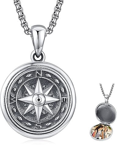 KINGWHYTE Sterling Silber Medaillon Halskette Kompass Foto Medaillon Erinnerung Anhänger Halsketten für Frauen Männer Mädchen mit Leder Seil Kette
