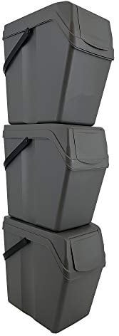 Prosperplast - Set of 3 Cuboid Recycling Bins for Kitchen - Comes with Colour-Coded Stickers - Stackable - Lightweight - 25 Litre Capacity - Grey Colour