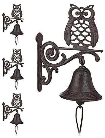 4x Campanella per Porta con Gufo in Ghisa, Stile Rustico, Antico, Uccello, Cordicella, Resistente, Marrone Scuro