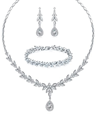 Zolkamery Hochzeit Schmuckset, Halskette & Armband & Ohrringe Hängend Set | Silber/Rosegold/Gold Braut Schmuckset mit 5A Weiß zirkonia mit Schmuckbox für Verlobung Party Damen