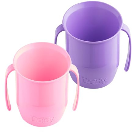 Doidy Cup, Open Cup for Training Baby 6 Months-3 Years, 200ml, Slanted Weaning Cup with Handles for Learning to Drink, BPA Free, 2 Pack (Pink/Lilac)