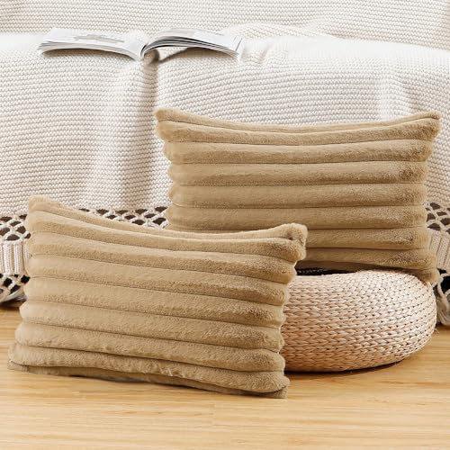 Madizz 2er Set Kunstpelz Plüsch Dekorative Kissenbezüge Flauschig Gestreifte Weich Dekorative Kissenbezug für Sofa Schlafzimmer Kissen Shell Kamel 30 x 50 cm