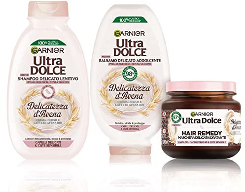Garnier Ultra Dolce Routine Completa Delicatezza d'Avena, Kit con Shampoo + Balsamo + Maschera, Ideale Per Capelli Delicati e Cute Sensibile, Con Crema di Riso e Latte di Avena Bio