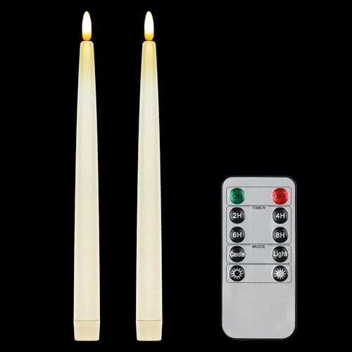 CVHOMEDECO. Flameless Taper Candles with 10-Key Remote, Battery Operated Led Flickering 3D Wick Window Candles Real Wax Finished Home Christmas Party Decor 0.78 x 11 Inch, Pack of 2, Ivory