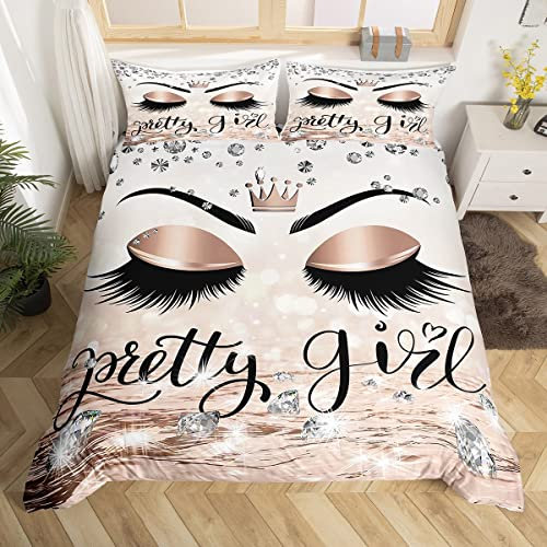 Krone Wimpern Bettwäsche Set 135x200 Rose Gold Ästhetische Tröster Abdeckung für Frauen Wunderschöne Glitter Diamant Bettbezug Schlafzimmer Dekor Romantische Prinzessin Stil Quilt Cover 1 Kissenbezug