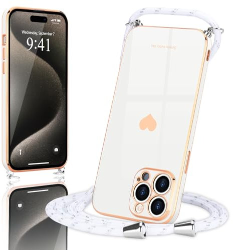 Wirvyuer Handyband Kompatibel mit iPhone 15 Pro Handyhülle Necklace Hülle mit Band zum Umhängen Kameraschutz Liebesherz Schutzhülle mit Halsband Silikon Umhängetasche für iPhone 15 Pro Weiß