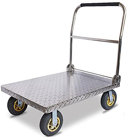 QUNINE Zusammenklappbarer Handwagen, Plattformwagen, Edelstahldeck, große Tragfähigkeit und klappbarer Griff mit Schwamm, ideal für schwere Transportwagen (Stahl 304, 5 Zoll Räder)