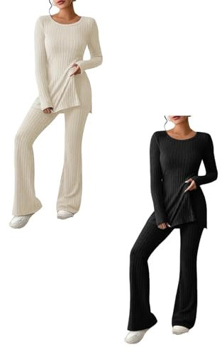 NJGRAE Damen 2 Stück Strickanzug aus Langarm Strickpullover Und Lange Jogginghose Zweiteilige Beiläufig Outfit Freizeitanzug Sportanzug Loungewear Strickanzug Set
