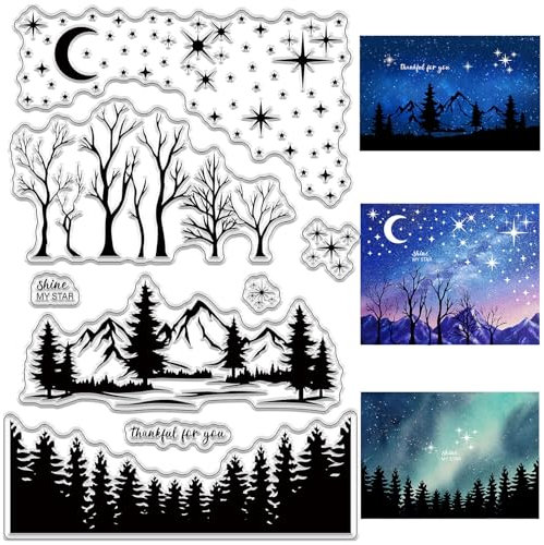 craspire Wald Berglandschaft Klarer Gummistempel Stern Mond Kiefer Vintage Transparente Silikonsiegel Stempel Retro Für Journaling Kartenherstellung DIY Scrapbooking Handgemacht Fotoalbum Notizbuch