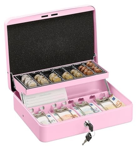 Relaxdays Geldkassette abschließbar, Münzzählbrett & 4 Scheinfächer, Geldkasse Eisen, HxBxT: 8,5 x 30,5 x 24,5 cm, pink