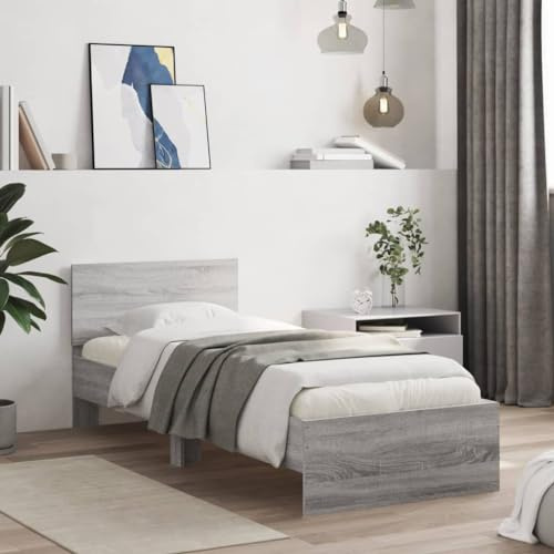 vidaXL Bettgestell, Bettrahmen mit Lattenrost, Bett Gästebett mit Kopfteil LED-Leuchten, Einzelbett Schlafzimmerbett Schlafzimmermöbel, Grau Sonoma 90x200cm