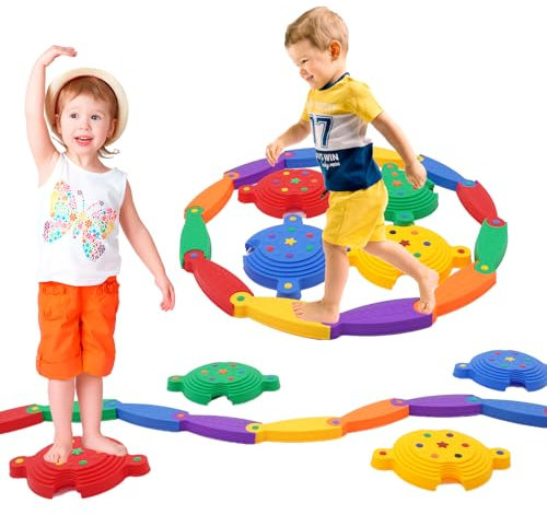Schwebebalken mit Farbigen Hindernissteinen für Kleinkinder,Montessori Spielzeug für Drinnen und Draußen,Balance Board für Kinder für Koordination und Stabilität,Belastbar für Kinder ab 3 Jahren