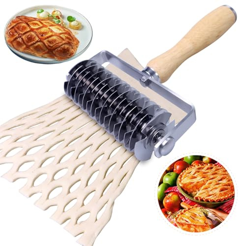 Stainless Steel Pastry Lattice Cutter, Lattice Dough Wheel Cutter with Wooden Handle, Roller Cutter for Lattice Pie Crust, Beef Wellington, Metal Pastry Dough Slicer for Bread, Pizza, and Puff Pastry