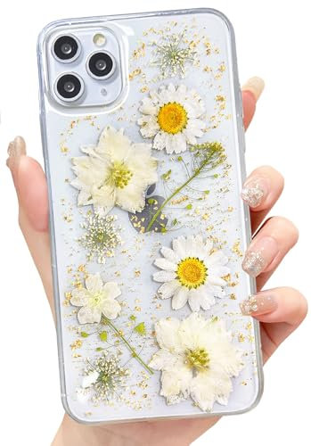 Abbery für iPhone 11 Pro Max Hülle Blumen Muster Durchsichtig Mit Getrocknete Blumen Motiv Glitzer Silikon Frauen Mädchen Stoßfeste Anti-Kratzer Handyhülle Cover für iPhone 11 Pro Max(Weiß)