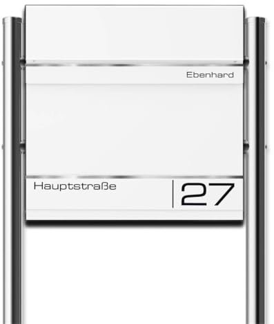Metzler Standbriefkasten Hermann aus massivem, pulverbeschichtetem Stahl in RAL 9016 Verkehrsweiß, mit Lasergravur, Edelstahl-Leisten, mit beidseitigem Zeitungsfach, Größe: 37x37x10,5 cm, Höhe 120 cm