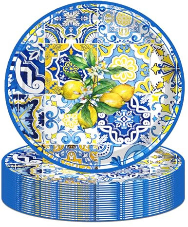 Jajajuegos 7 Tiles Lemons Paper Plates Celebrate Party Tableware Round Disposable Dessert Paper Plates Set Blue and White Porcelain Lemon Theme Party Paper Plates Festival Party Supplies(24 pcs)