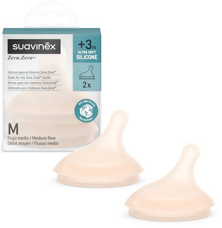 Suavinex, Lot de 2 Tetines pour Biberon Anti Colique Zero Zero. Débit Moyen (M), Laisse Passer Liquides à Densité Moyenne, Tétine pour Biberon Zero Zero, en Silicone, +3 Mois, 2 U