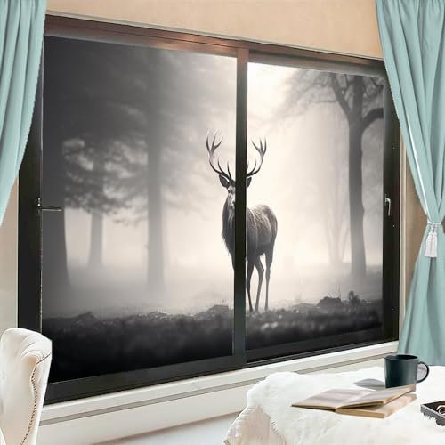 AEMYSKA Rustikale Hirsch-Sichtschutz-Fensterfolie, Natur, nebliger Wald, moderne Tiere, Buntglas-Fensterabdeckungen, kein Kleber, statische Haftung, Fensterfolie für Zuhause, Büro, Geschäfte, 45 x 60