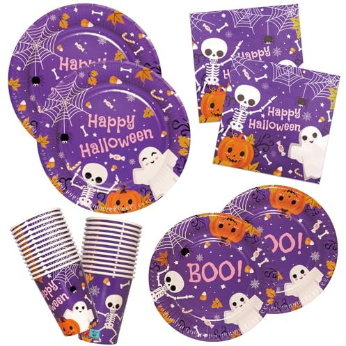 Halloween Piatti, Tovaglioli e Bicchieri di carta per festa Fantasma 100 pezzi Set di Stoviglie usa e getta per feste Viola
