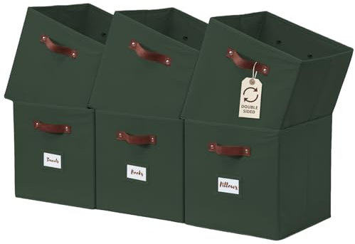DECOMOMO Storage Bins, Cube Storage Bin with Labels, Fabric Storage Cubes for Shelves (10.5 x 11 / 6pcs, Olive Green)