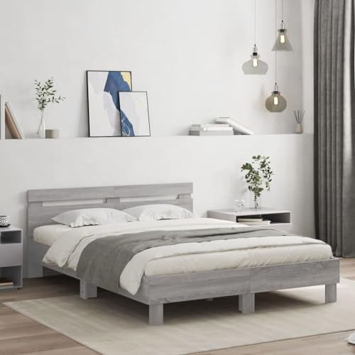 Faroom Holzbett Futonbett Bett 140x200 cm mit Lattenrost & Kopfteil, Bettrahmen Holzwerkstoff Einzelbett Doppelbett Bettgestell Grau Sonoma