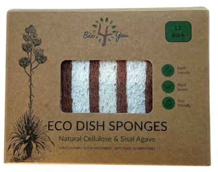 Spugna da cucina naturale biodegradabile Bio4You, compostabile, in cellulosa e noce di cocco, confezione da 12 spugne ecologiche per piatti, forma pratica