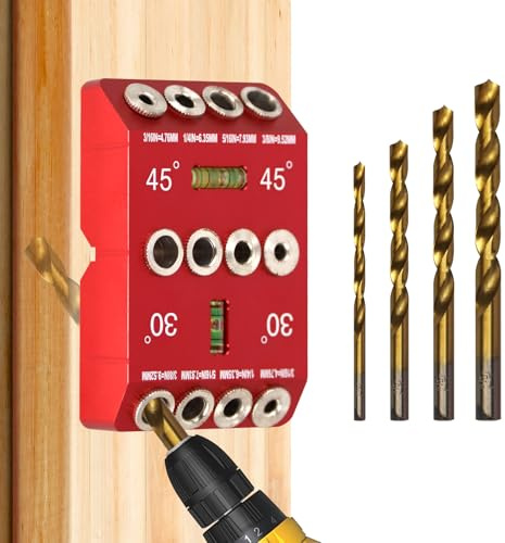 CNQLIS 30 45 90 Portable Drill Guide with 4 Drill Bits, Level for Slanted and Straight Holes, All Metal Clamp for Stair Handrails, Cable Railings, Deck, Wood Posts, Level Design