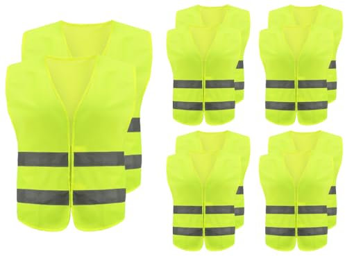 Abiyou 10PCS Warnweste, Reflektierende Sicherheitswesten, 360 Grad Reflektierenden Streifen Weste, Auto Reflektorweste, Neon Gelb Reflektierend Warnweste, für Fahrern,Arbeitskräften,Erwachsene (Gelb)