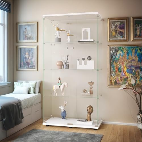 BPKADHY Meuble Vitrine en Verre 164x80.5x36.5cm Avec 2 Portes et 4 Étagères en Serrure, Transparent Armoire pour Collection, Curio, Salon, Livres - Blanc