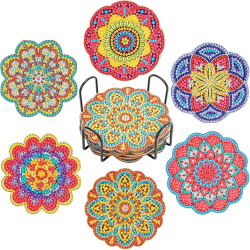 6 posavasos de pintura de diamantes, posavasos de taza de diamantes, posavasos de pintura de diamantes con soporte, para manualidades, posavasos de mandala para principiantes, adultos y niños (flor B)
