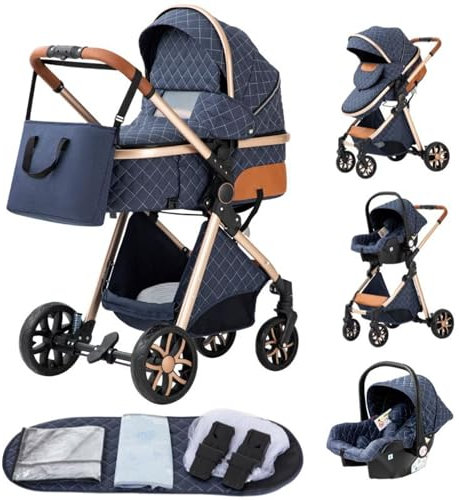 GLOKID Kinderwagen 3 in 1,Reisesysteme, Babywanne,Buggy&Sportsitz,Tragbarer,Voll-Gummireifen,Mit Einem Klick Zusammenklappbarer,Zubehör (LV9 Blau)