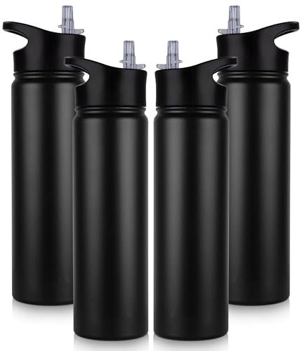 UMBFUN Bouteille d'eau en Acier Inoxydable - 750ml avec Paille,anti-fuite,Gazéifiée,BPA free Gourde Thermos(+2 Couvercles) Isolation Double Paroi Sous Vide pour Sport,Voyage,Camping,école,(4 Pièces)