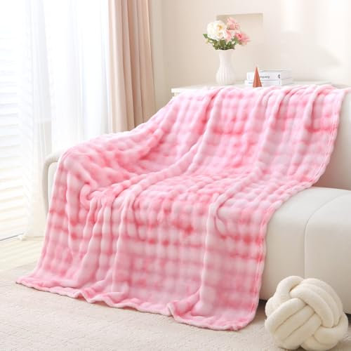 Sivlefoss Fleece Throw Blanket Faux Fur Fluffy Bed Blanket Bubble Soft Cosy Warm Large Blanket for Bed Sofa Car, Double Pink Ombre 150x200