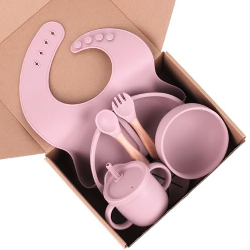 WYNStore - Light Pink Baby Weaning Set – Includes Straw Cup, Suction Bowl, Spoon, Fork, Suction Baby Plate & Bib - Ideal Toddler Feeding Set, Baby Registry Gift & Birthday Present - 7 Pieces