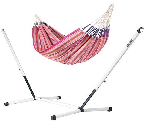 LA SIESTA® Modesta Bio-Baumwoll Hängematte, Stahlgestell - Hängematte Outdoor Indoor, Hängematte mit Ständer, Hängematte für Balkon Terrasse Garten - Hängematte für 2 Personen - Kingsize, Flamingo