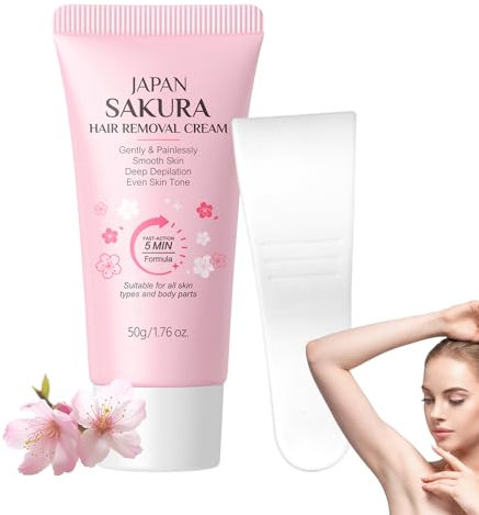 Sakura Haarentfernungscreme, Enthaarungscreme für Körper, Arme & Beine, Sanft zur Haut am ganzen Körper anwendbar, Natürlich Haarentfernung für Alle Haut Geeignet, 50g Tube mit gewölbtem Applikator
