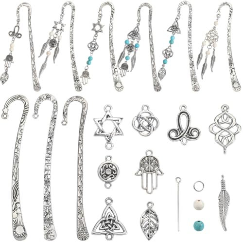SUNNYCLUE 1 Box DIY 6 Sets Lesezeichen Set Stein Lesezeichen Haken Lesezeichen Türkisfarbene Edelsteinperlen Dreifaltigkeitsknoten Federn Hamsa Handanhänger Vintage Lesezeichen Aus Metall Zum Basteln