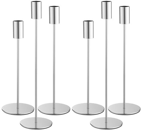 6 Teiliger Metall Kerzenständer, drei Arten von stabkerzenhalter mit Höhen von 33/28/23 cm. Retro Elegantes Dekor Kerzenhalter Stabkerze für Hochzeiten, Partys, Geburtstage, Tischdekorationen (Silber)