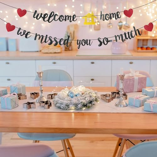 Willkommen Zuhause, Welcome Home Deko, Herzlich Willkommen Girlande Schwarze Schrift mit goldfarbenem Häuschen Perfekte Deko zum Heimkommen Verwendung für Partys, Geburtstage, Ruhestandsfeiern