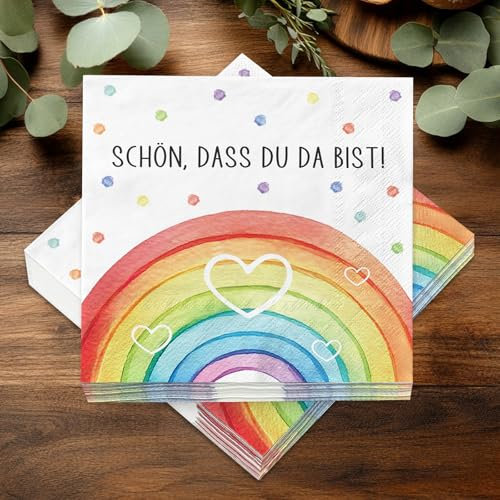 30 Stück Servietten Schön Dass Du Da Bist, Tischdeko für Geburtstag Frau, Hochzeit, Einschulung, Taufe, Babyparty, Kindergeburtstag Deko Mädchen, Papierservietten mit Bunt Regenbogen Motiv