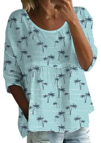 Damen Tunika Tops Casual Floral Plus Size Rundhals Loose Fit Shirts Komfort 3/4 Ärmel Bluse Elegant Tee für Business Alltag, blau, L