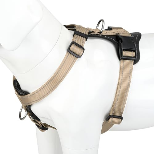Plutus Pet No Pull Dog Harness with Leather Accents, Adjustable Reflective | Heavy Duty Nylon Pet Vest, for Training and Hiking, Front Clip, Easy Walk for Small Medium Large Dogs, Beige, L