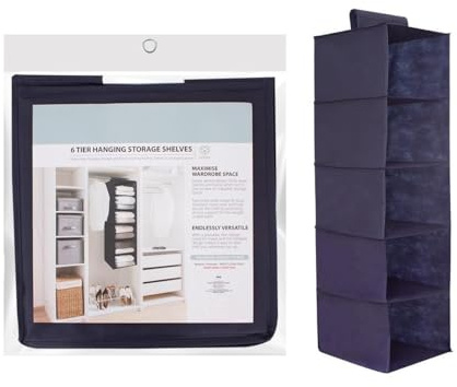 Shop4allsorts 6 Tier Hanging Wardrobe Storage Organiser - Compact Fabric Storage Shelves - Slim Navy Blue Clothes Rack - 120cm x 30cm - For Home, Caravan, Bedroom, Bathroom - 6 Shelf Organiser