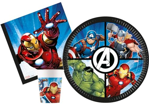 Kit Party Tavola Marvel Avengers Evergreen per 24 persone (88 pezzi: 24 piatti Ø23cm, 24 bicchieri 200ml, 40 tovaglioli 33x33cm) in carta FSC compostabile eco-friendly