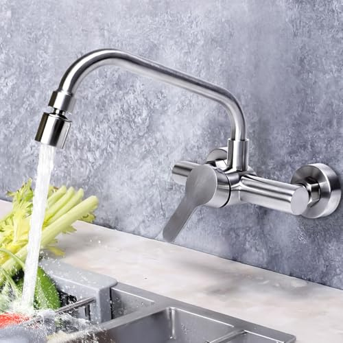 FALSKT Rubinetto per Cucina a Muro 360 °Girevole Spazzolato Argento | Rubinetto Cucina a Muro in Acciaio Inox 304 Miscelatore Muro Acqua Fredda e Calda L'uscita dell'acqua Può Ruotare per Cucina