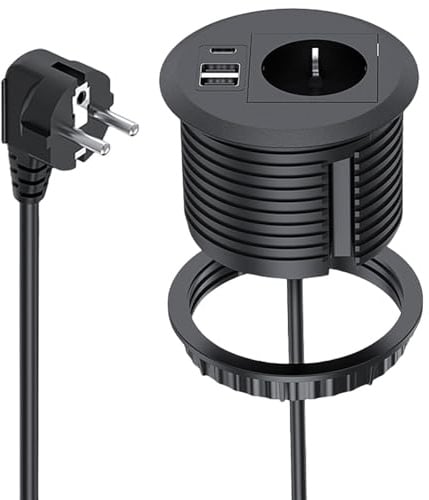 Einbausteckdose mit USB, Tischsteckdose mit USB C PD20W, Einbau Steckdosenleiste, Versenkbare Steckdose mit 2 USB und 1.7m Netzkabel, Schreibtischsteckdose für 80mm Tischloch