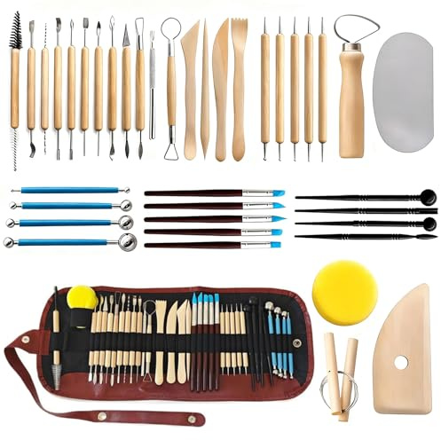 NICEWAT 40Pcs Pottery Clay Sculpting Tools, Double Sided Polymer Clay Tools, Ceramic Clay Tool Set with Storage Bag, Pottery Carving Tool for Shapers Modeling Embossing Art DIY